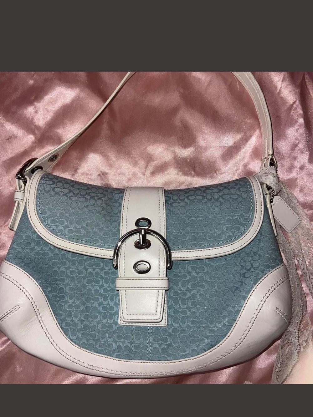 Coach White and Light Blue Shoulder Bag with Buckle. Used good condition
